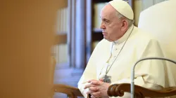 Pope Francis at his general audience address in the library of the Apostolic Palace May 5, 2021. Vatican Media.